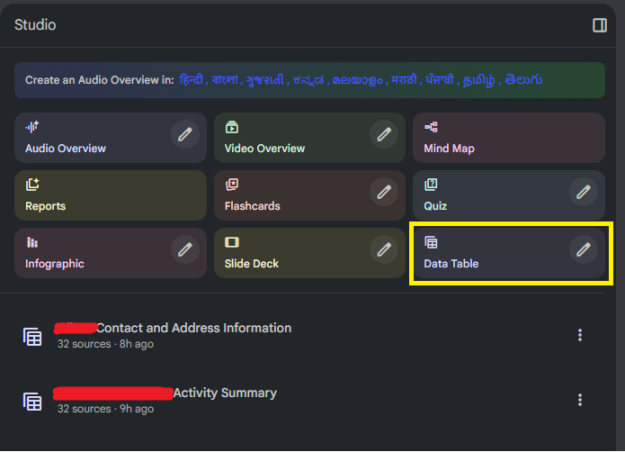 NotebookLM data table UI