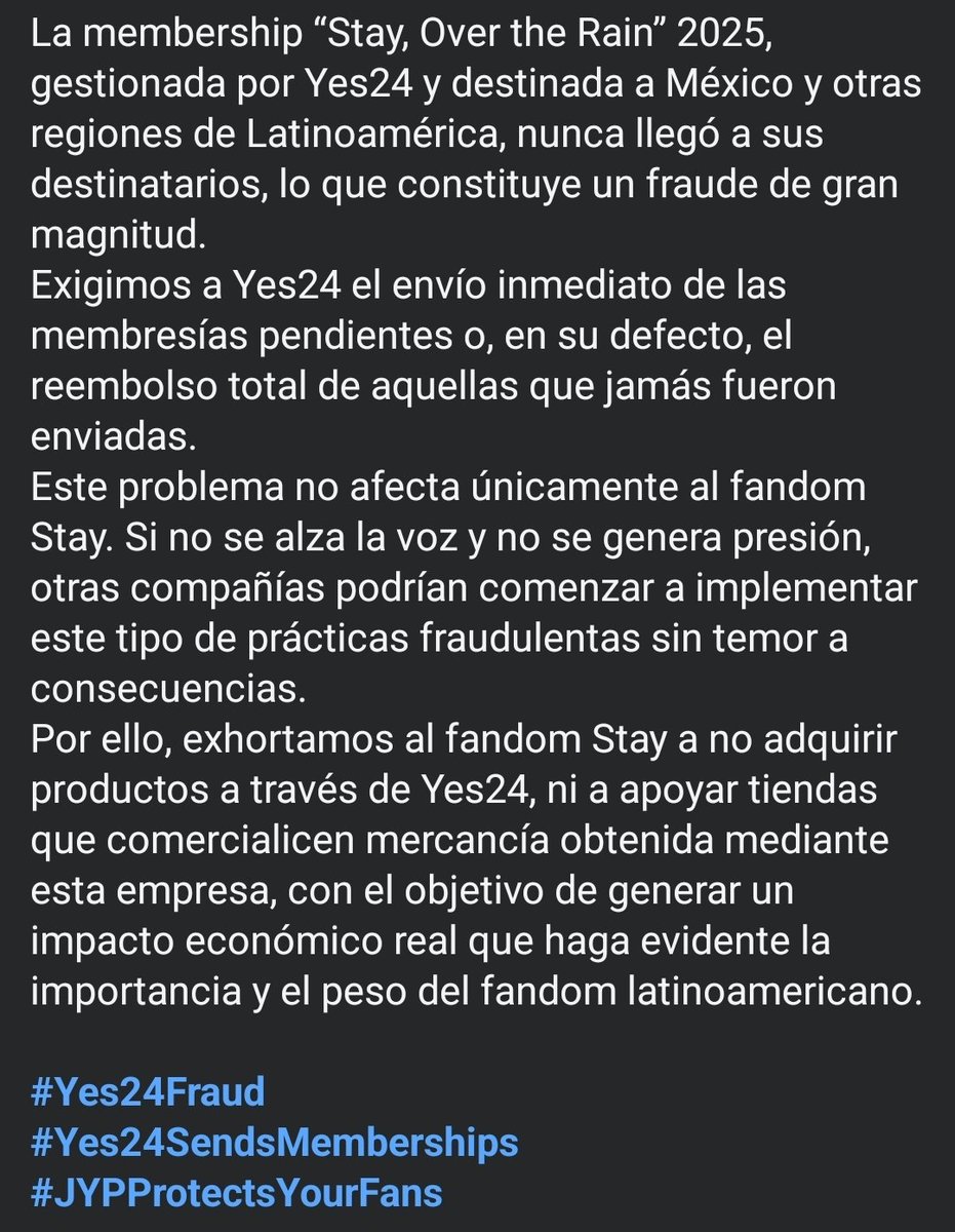 Danny_Shinoda's tweet photo. Muchas personas no hemos recibido nuestro kit el cual se pagó en tiempo y forma. @yes24_official simplemente se lavó las manos y no se ha hecho cargo de nada. 
#Yes24Fraud
#Yes24SendsMembership
#JYPProtectsYourFan https://t.co/eYI5sYkBoZ