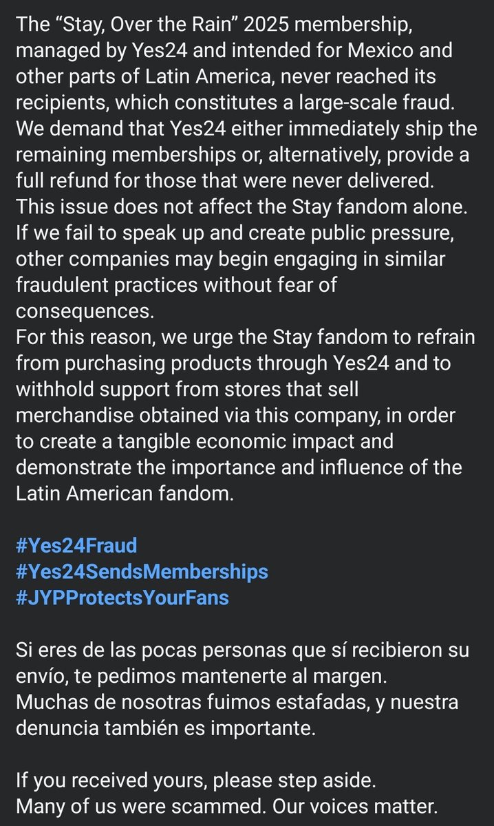 Danny_Shinoda's tweet photo. Muchas personas no hemos recibido nuestro kit el cual se pagó en tiempo y forma. @yes24_official simplemente se lavó las manos y no se ha hecho cargo de nada. 
#Yes24Fraud
#Yes24SendsMembership
#JYPProtectsYourFan https://t.co/eYI5sYkBoZ