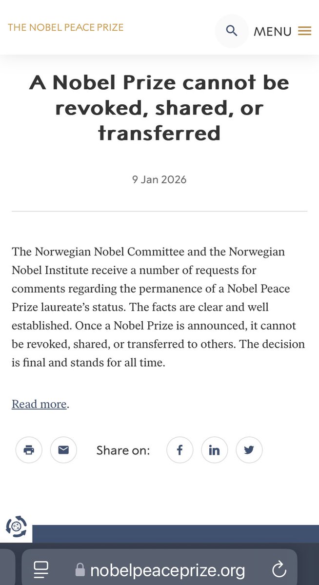 BMoon_bee's tweet image. C’est la première fois de son histoire de + de 100 ans que le Prix Nobel de la Paix est obligé de faire un communiqué contre une récipiendaire expliquant qu’un Nobel ne peut être ni révoqué , ni partagé, ni transféré à un tiers. 

La honte internationale pour Trump et Machado.
