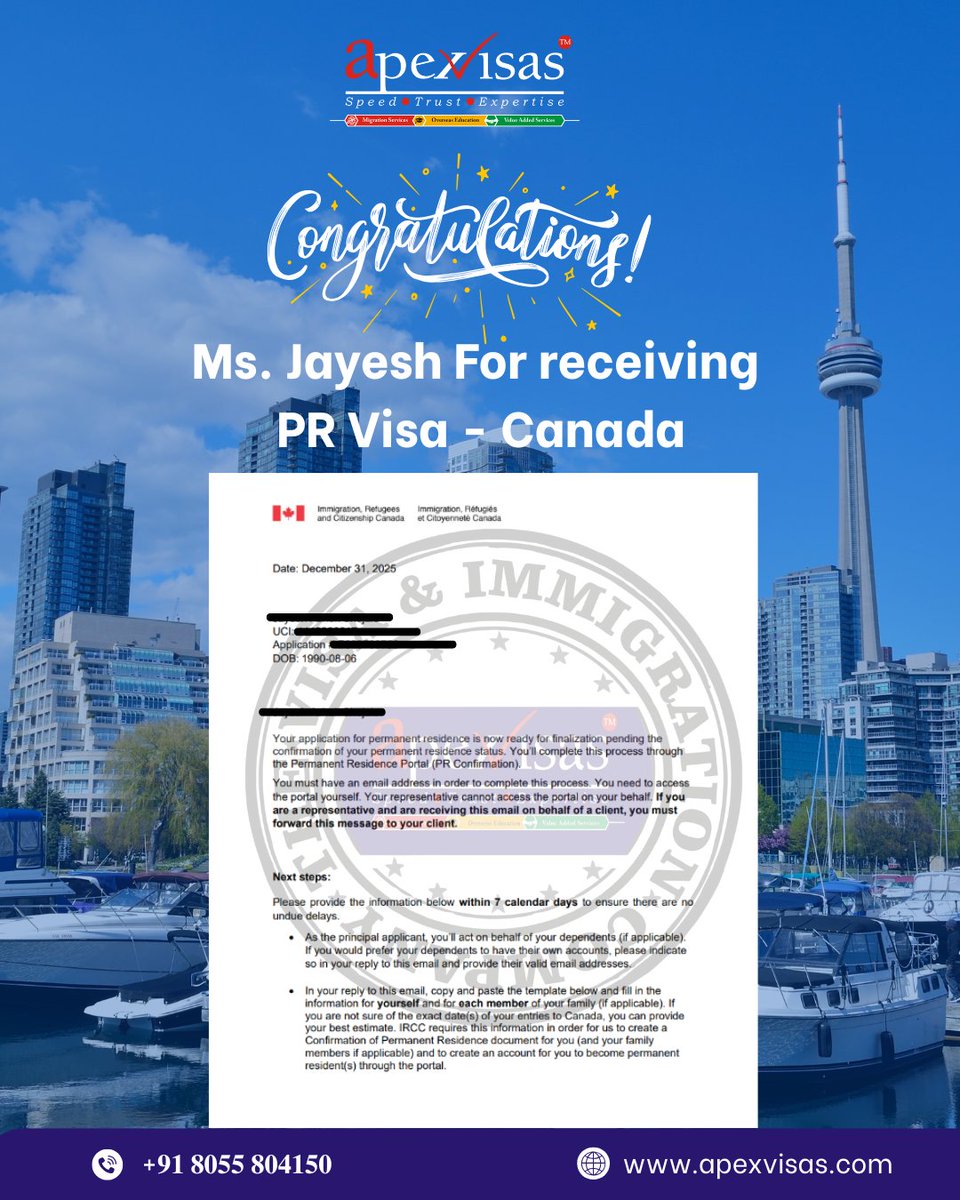 VisasApex's tweet image. Congratulations to Ms. Jayesh on receiving her 🇨🇦 Canada PR Visa 🎉

With expert guidance and a transparent process, Apex Visas helps turn PR dreams into reality.

📞 +91 80558 04150
#CanadaPR #VisaSuccess #ApexVisas #Immigration