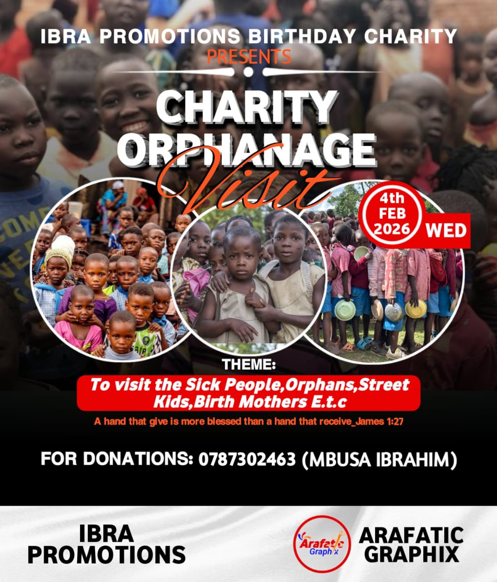 Come 4th February,2026 Ibra Promotions will be putting smiles to many orphans in Kasese town through a birthday charity orphanage visit.

For your donation reach out to Mbusa Ibrahim at 0787302463 or 0745257014 (WhatsApp).