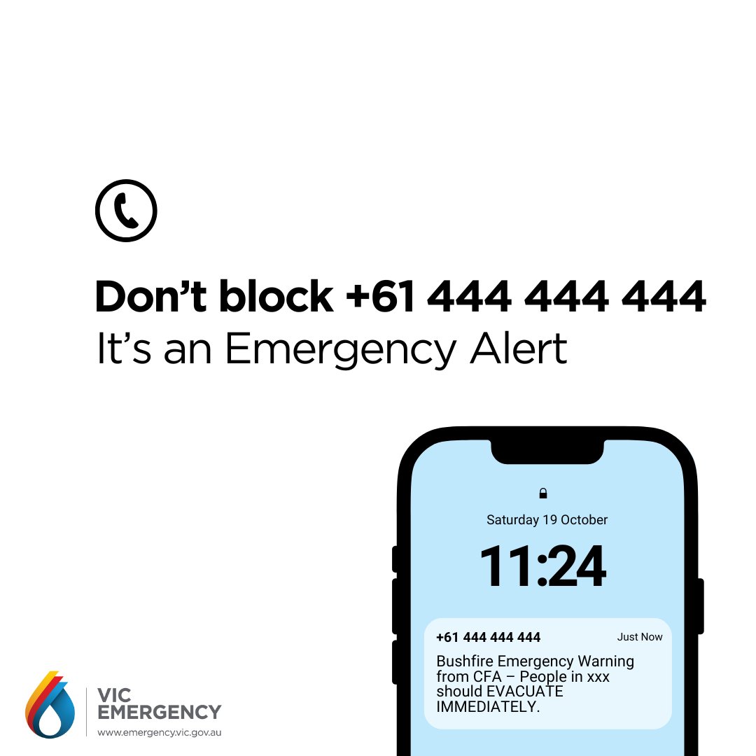 vicemergency's tweet photo. If you see +61 444 444 444 pop up on your phone, it's important you do not block it.   

This phone number is linked to Emergency Alert which emergency services use to warn people in a defined area about current emergencies. https://t.co/agcqoIv91J