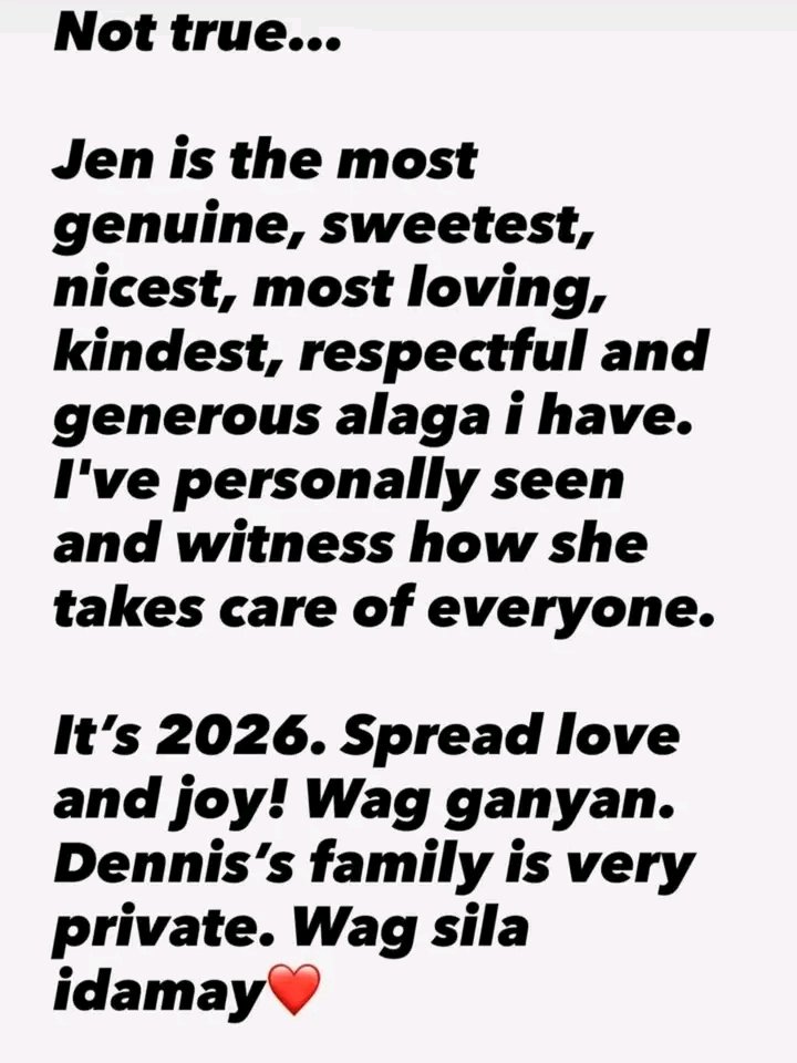 allaboutjennyln's tweet photo. "Jen is the most genuine, Sweetest, nicest, most loving, kindest, respectful and generous alaga I have" - Tita @becky_aguila 🫶💚

Stop spreading hate against ate Jen🫶.

Let's spread Love and Joy 😍✨

#JennylynMercado #DennisTrillo #DenJen https://t.co/pFOaqaIDt5