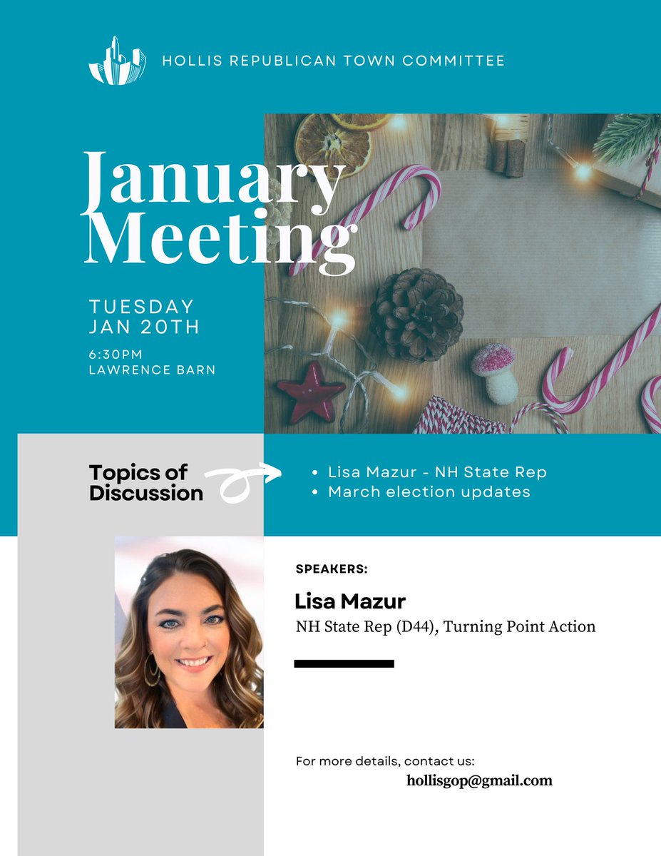 Lisa Mazur, #NH State Rep &amp; Turning Point Action is our January Speaker!  All are invited to our January 20 meeting 6:30 at the Lawrence Barn! #Hollis #NHPolitics