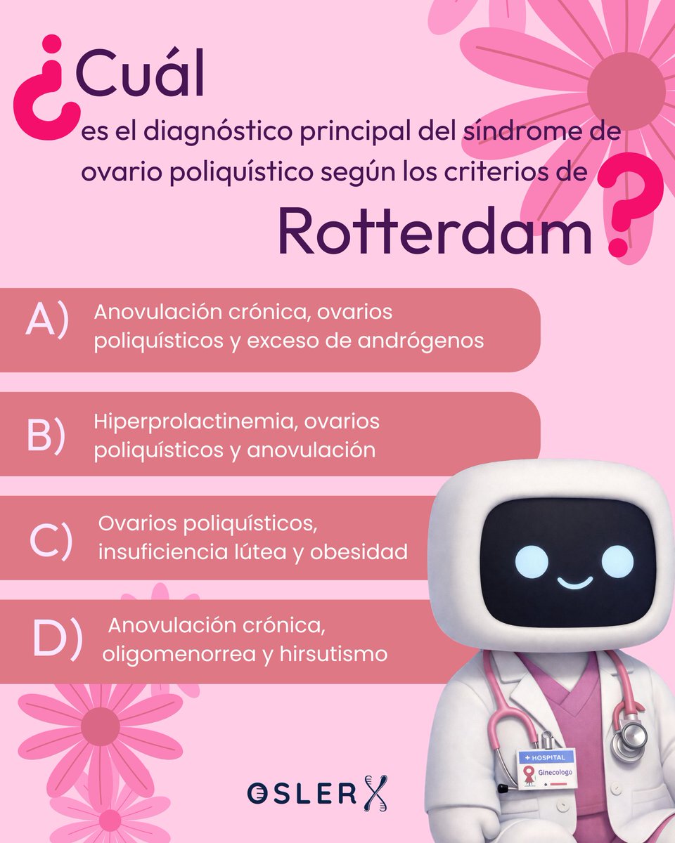 oslerx42's tweet photo. ¿Sabes cuál es el diagnóstico principal del SOP según Rotterdam? 🤔🩺
✅ Se confirma con 2 de 3: oligo o anovulación, hiperandrogenismo y ovario poliquístico por ultrasonido.
En el reactivo, la correcta es A. ¿La elegiste? 👇 #ENARM #Gine https://t.co/xpM0O42Y1y