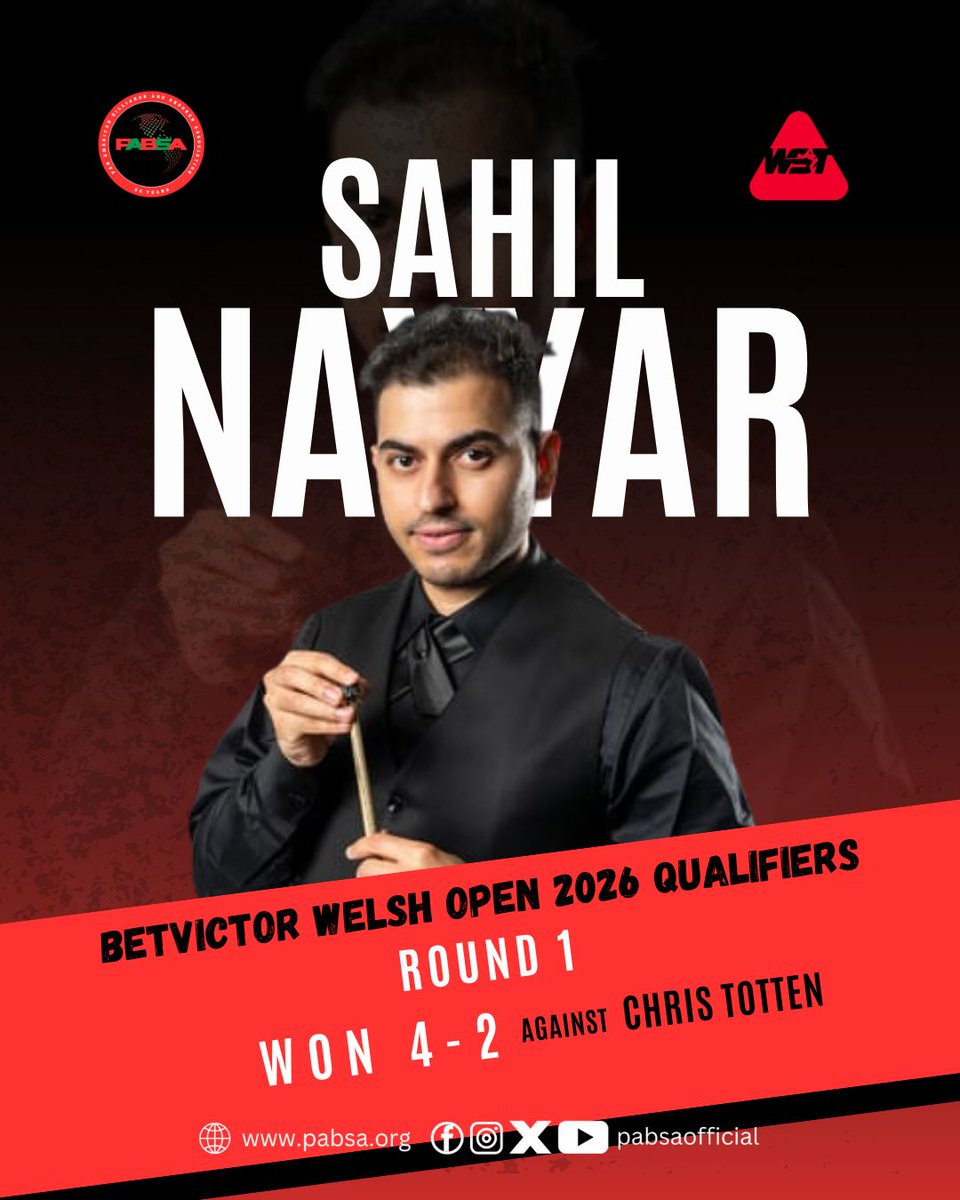 PABSAofficial's tweet photo. Betvictor Welsh Open 2026 Qualifiers !

Sahil Nayyar defeats Chris Totten 4–2 at the Welsh Open 2026 Qualifiers.

👉 Round 2 is scheduled for today against Fan Zhengyi.

🔗 https://t.co/tyn1ahQ0Io

[WelshOpenQualifier, SahilNayyar, SnookerMatch, SnookerLive, PABSA] https://t.co/U9wWFgK0cs