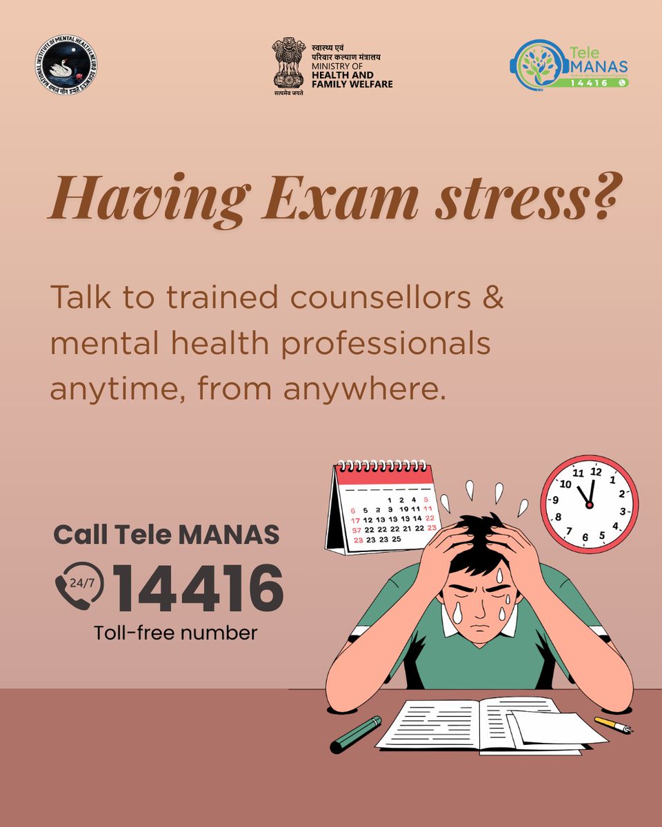 TeleMANAS_Apex's tweet image. Student well-being matters. For exam-related stress, call Tele MANAS on 14416 govt of India initiative mental health service across our country.

#exams #exampreparation #examstress #TeleMANAS #examsupport