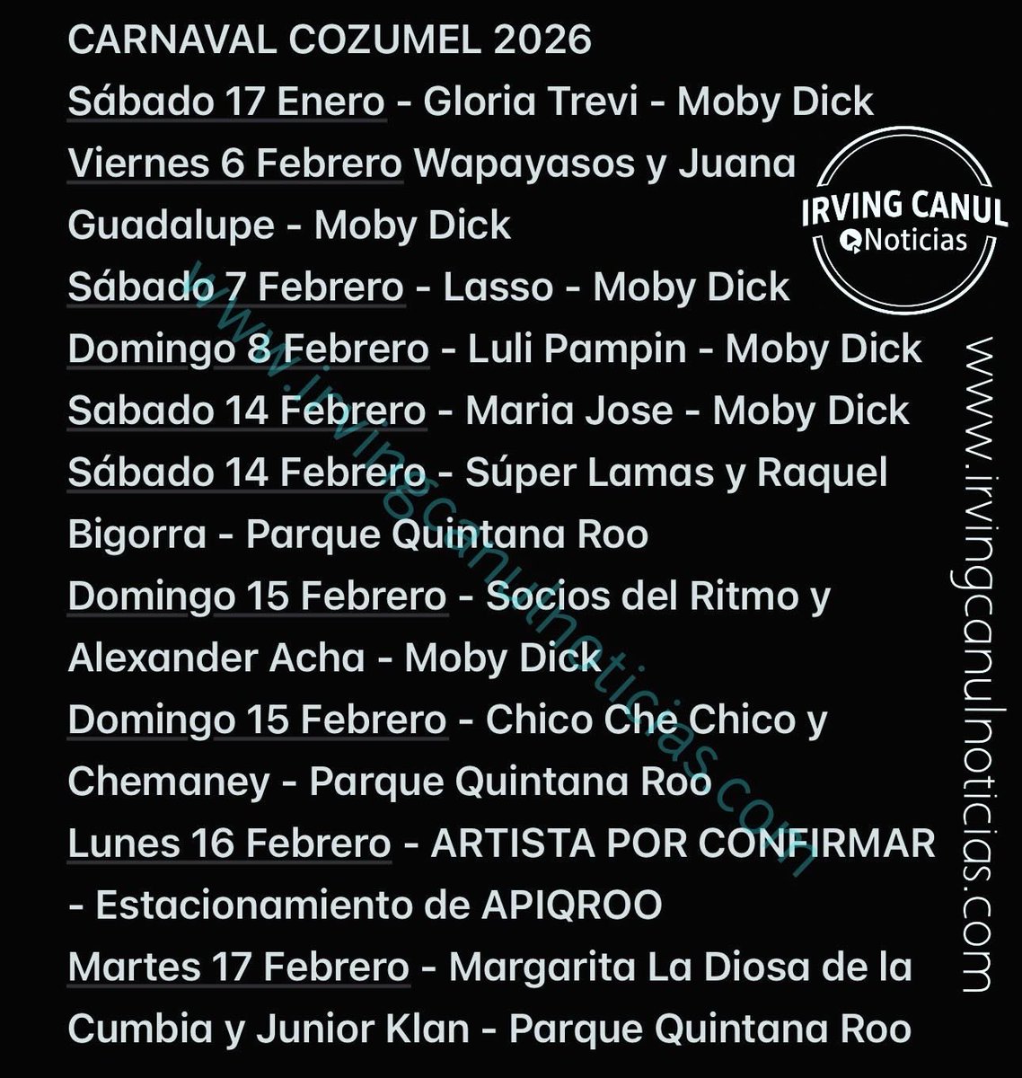 irvingcanul's tweet photo. Cartelera artística del #Carnaval de #Cozumel 2026. https://t.co/TWl2UDWs57
