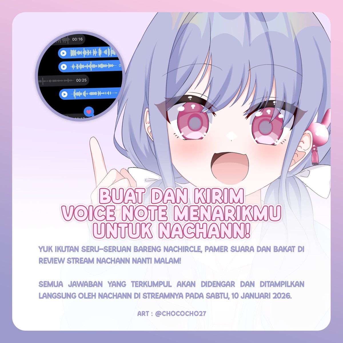 Di stream nanti malam, aku mau ajak kalian buat bikin rekaman suara/voice note nih! Disana kalian bisa karaoke, ngegombal, baca puisi, dll~ 

Buat yang ingin membagikan ceritanya, bisa langsung isi formulir ini yaa : bit.ly/ReviewPesanSua…

Jangan sampai gak ikutan yaa
#VTuberId