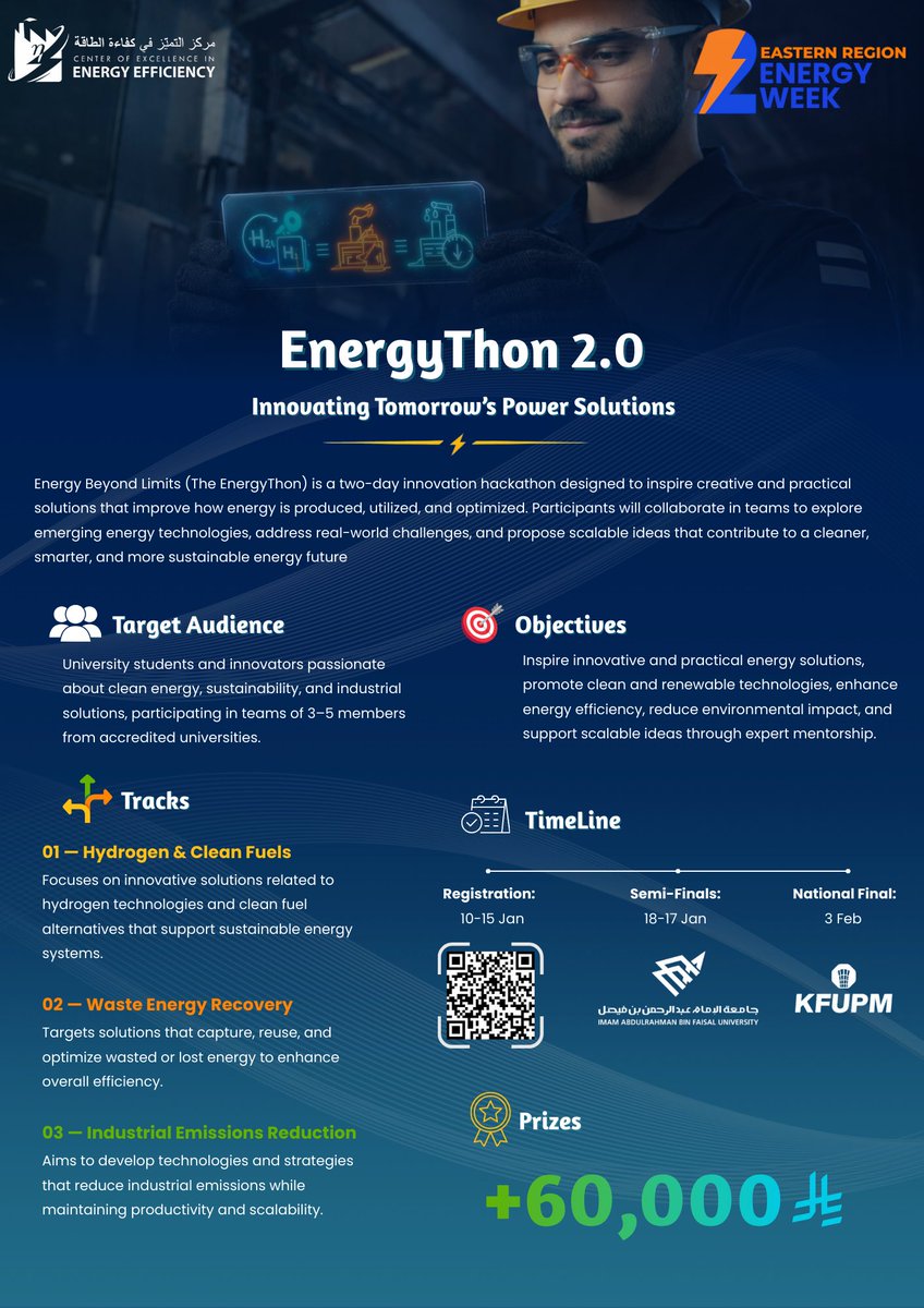 energyweek_sa's tweet photo. ⚡ EnergyThon 2.0 | Eastern Region ⚡

هاكاثون ابتكاري لطلاب جامعات المنطقة الشرقية ضمن #EnergyWeek

📝 التسجيل: 10–15 يناير
⚔️ نصف النهائي: 17–18 يناير – جامعة الإمام عبدالرحمن بن فيصل
🏁 النهائي الوطني: 3 فبراير – KFUPM
🏆 جوائز تتجاوز 60,000 ريال

🔗 https://t.co/uq3a5a7aA2
Innovating Tomorrow’s Power Solutions.

#LetsEnergizeTheFuture #energyweeksa