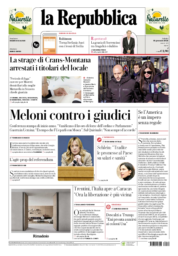 repubblica's tweet photo. La prima pagina di oggi #10january https://t.co/LZaZp2Gm1r 📰 https://t.co/LMFMgOlU5U