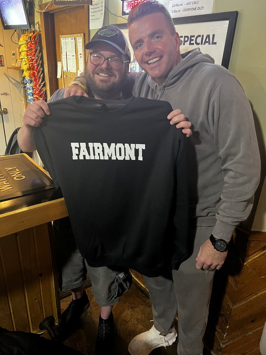tystahr's tweet photo. @MeatSauce1 @Chris_Hawkey @CoryCove @TommyO53 @ZachHalverson He found AA! Him, Ed, and fam found the spot! Welcome to Fairmont! Hey… let’s play the initials game here sometime! Thanks for the sweatshirt boys! See ya tomorrow! PS… Tommy, Ed and I made out afterward. https://t.co/08csggwTTv