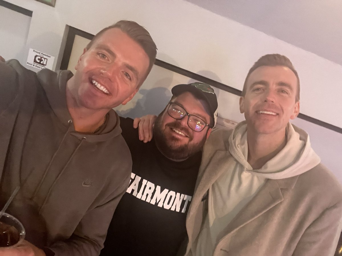 tystahr's tweet photo. @MeatSauce1 @Chris_Hawkey @CoryCove @TommyO53 @ZachHalverson He found AA! Him, Ed, and fam found the spot! Welcome to Fairmont! Hey… let’s play the initials game here sometime! Thanks for the sweatshirt boys! See ya tomorrow! PS… Tommy, Ed and I made out afterward. https://t.co/08csggwTTv