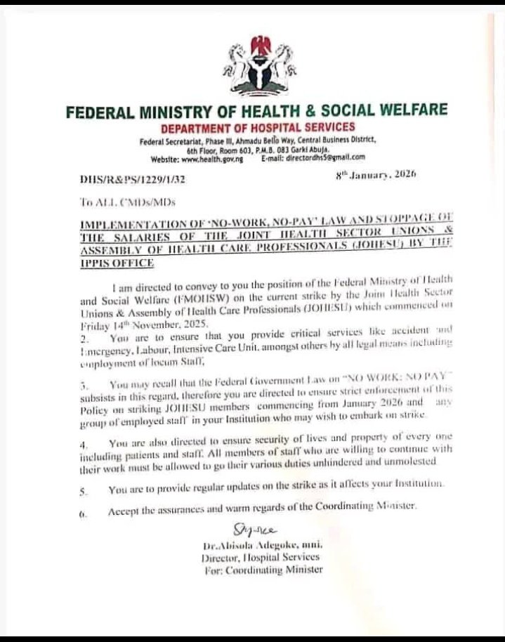 Rx_Catalyst's tweet photo. Fg now decide to use "no-work, no-pay" to threaten Johesu rather than dialogue and meet their demands. But they can't do that for some categories of people in the health sector.🤔 https://t.co/Yfj98m91Nz
