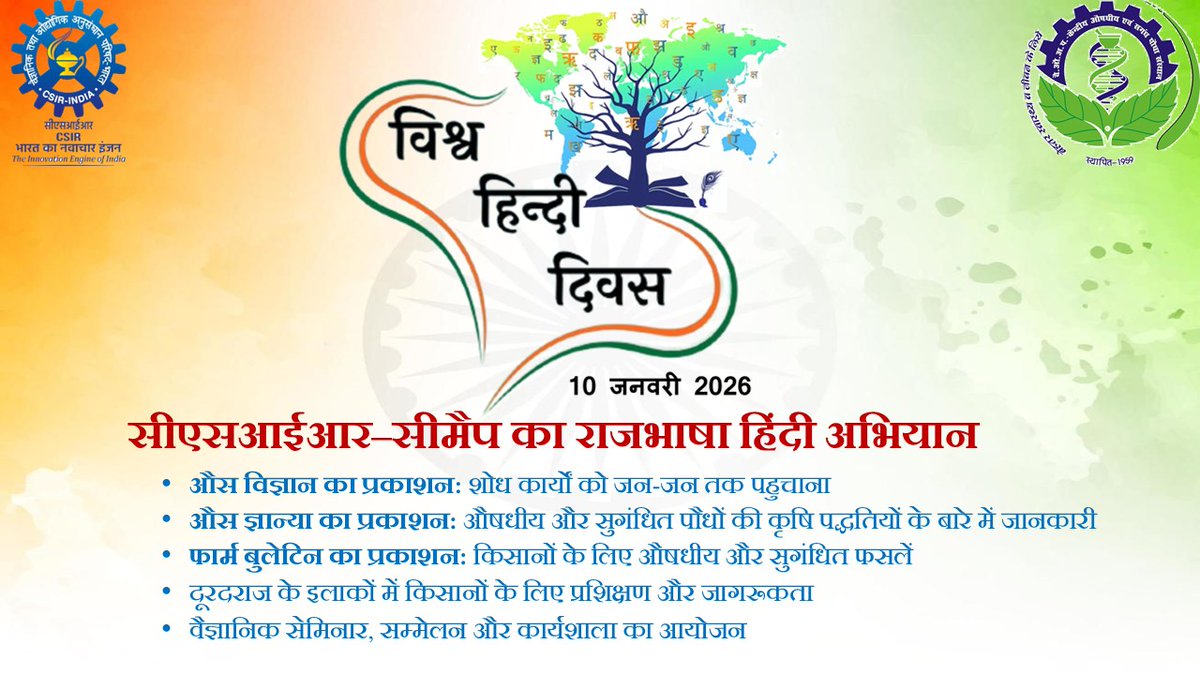 kshankerCIMAP's tweet photo. हिंदी केवल एक भाषा नहीं, यह विचार, संस्कृति और आत्मबोध की पहचान है, जो संवाद को प्रभावी एवं सशक्त बनाती है।

हिंदी की गौरवगाथा और इसकी वैश्विक पहचान पर हमें गर्व है।

विश्व हिंदी दिवस की हार्दिक शुभकामनाएँ। 
@CSIR_IND 
@CSIRCIMAP 
@RajbhashaVibhag 
@DrNKalaiselvi 
@PrabodhTrivedi https://t.co/PQ1rUJzUHK