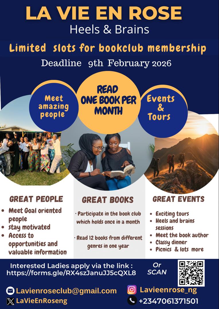 LaVieEnRoseng's tweet photo. Exciting news! La Vie En Rose – Heels &amp; Brains is opening a few new slots! 📚✨
Connect with amazing people, enjoy one book a month, and get exclusive access to events &amp; tours. 
Don’t wait—apply today !
See flyer for more details. 
#BookClub  #ReadGrowConnect #lavieenroseng https://t.co/yOqTVj80xU