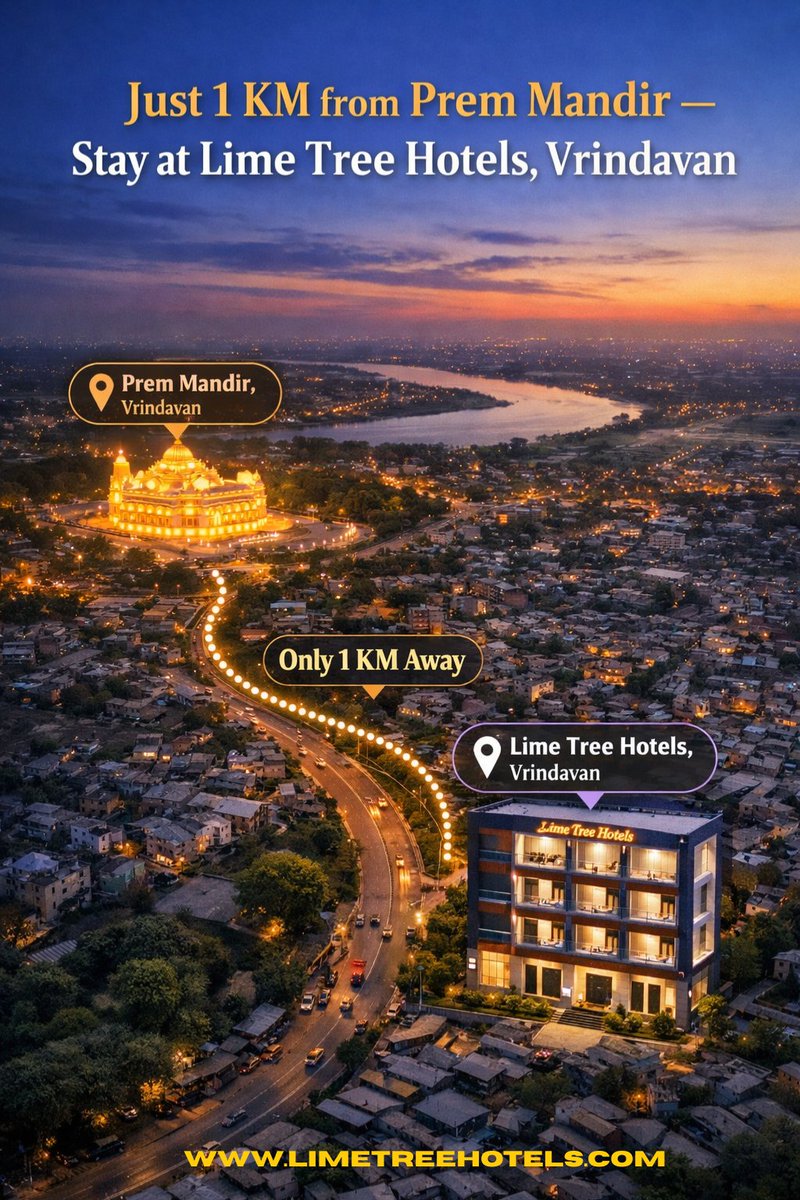 HospitalityLime's tweet photo. Just 1 KM from Prem Mandir 🛕✨
Stay at Lime Tree Hotels, Vrindavan—where comfort meets devotion.
Perfect for pilgrims &amp; peaceful getaways.
📍 Prime location |🏨 Modern comfort
🔗 https://t.co/gK186zHpEo
#LimeTreeHotels #Vrindavan #PremMandir #SpiritualTravel #HotelNearPremMandir https://t.co/XMsTp2soKl