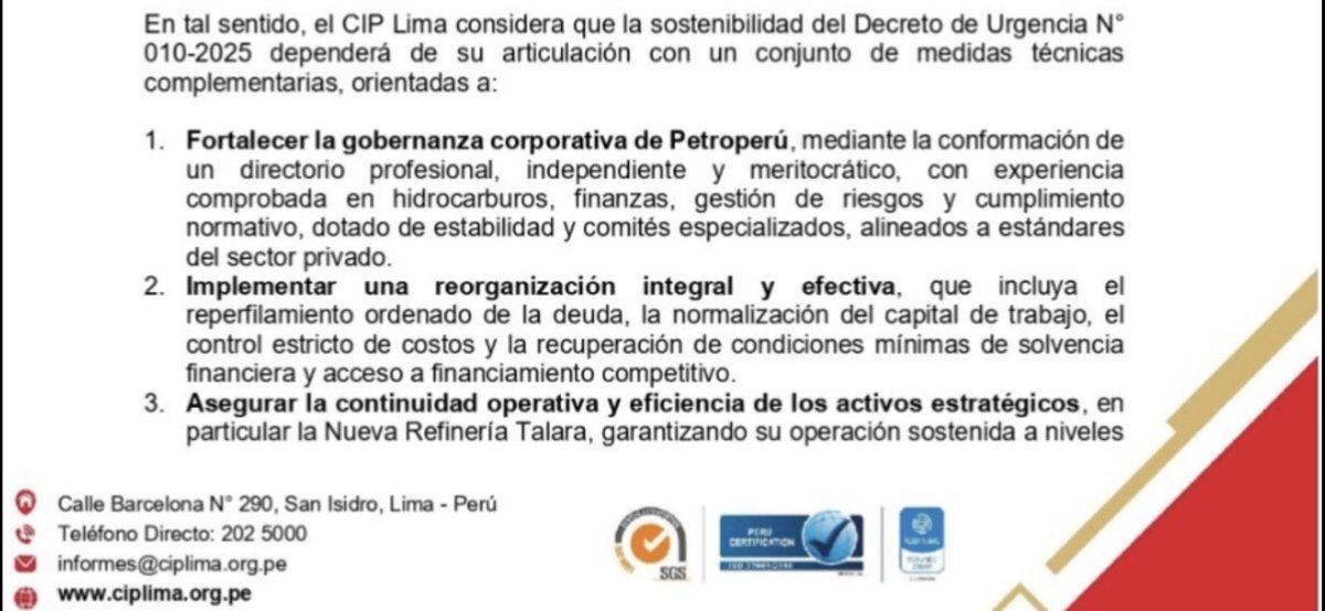 Estos son los puntos fuertes del pronunciamiento del Colegio de Ingenieros del Perú sobre el DU descuartizador de Petroperú:
1. Fortalecer gobernanza, reperfilar la deuda y asegurar continuidad operativa (todo lo que no contempla el DU del MEF).