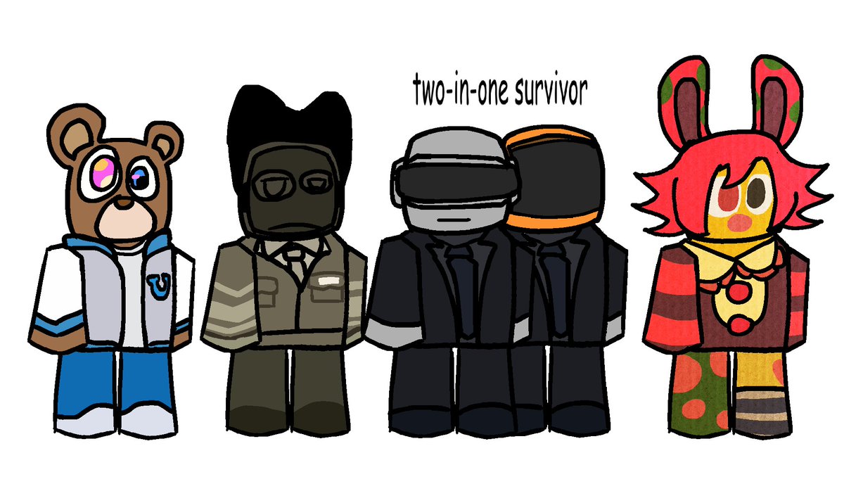 beeixzy's tweet image. crack game idea: roblox asym based on characters from music videos/albumcovers
killers on left survivors on right This is everything i’ve thought of during class