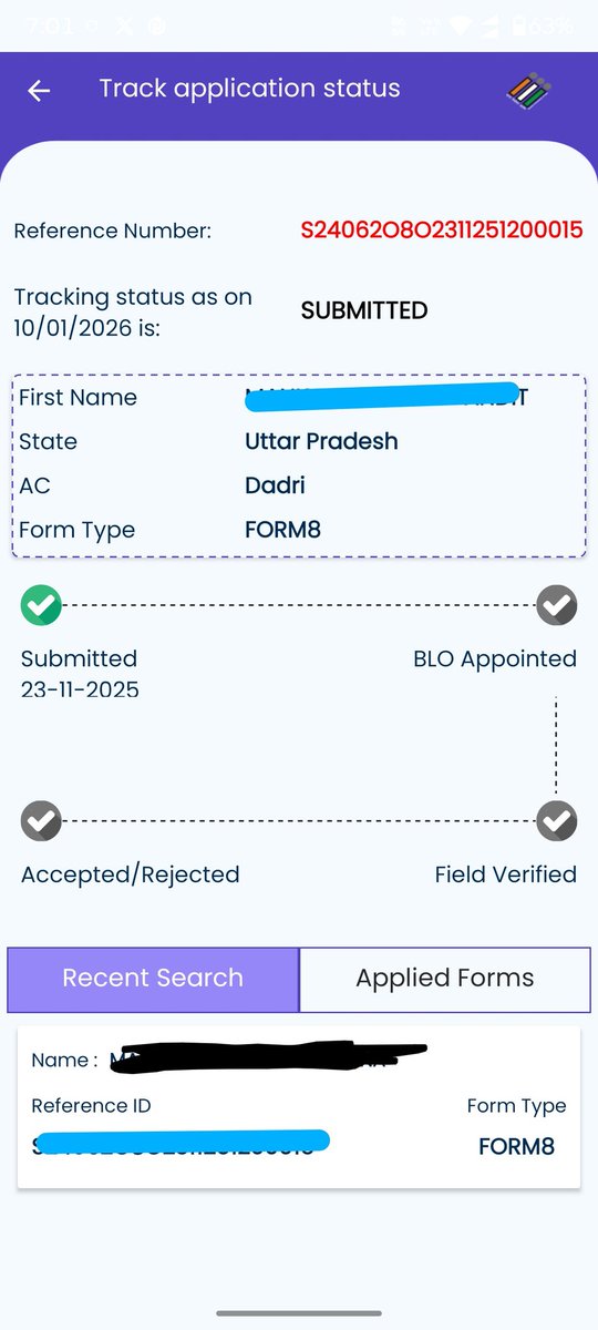 mellomani's tweet photo. Dear Concern,
Online voter id form8 filled on 23/11/25 is still pending for any further action, as of 10/01/26. Kindly look into the matter. @ceoup @SpokespersonECI @ECISVEEP #SIR2026 #UttarPradesh https://t.co/1yQzI2aEdQ