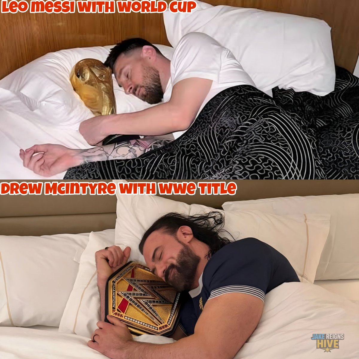 left2reigns's tweet image. This is how champions sleep after that precious victory ❤️ 🏆 

Drew with the WWE title 🤝Messi with the World Cup