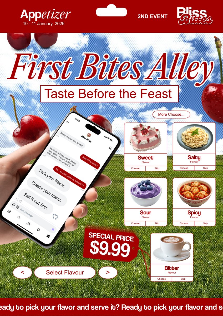 BlissBitte's tweet image. ⠀
❥︎» Step into 𝗙𝗶𝗿𝘀𝘁 𝗕𝗶𝘁𝗲𝘀 𝗔𝗹𝗹𝗲𝘆—where every booth starts with a flavor and turns into a creative-feast.co. Pick your taste, &amp;amp;&amp;amp; let your imagination run wild. 𝑺weet, salty, sour, spicy, or bitter—what will you serve first? 🍄₊˚｡
⠀