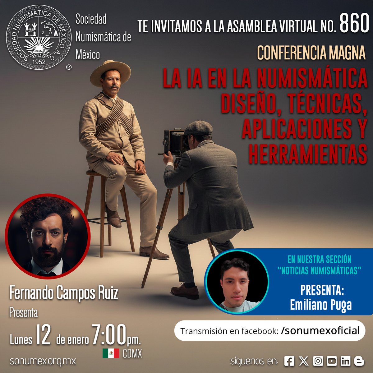 Sonumex's tweet photo. Asamblea No. 860, con la conferencia magna: La IA en la Numismática: Diseño, Técnicas, Aplicaciones y Herramientas.
Presenta: Fernando Campos.
Y “Noticias Numismáticas”, a cargo de Emiliano Puga.
12-ene-26 / 7pm. (CDMX)
Facebook Live: /sonumexoficial
#sonumex #numismatica https://t.co/VOihSXxyii
