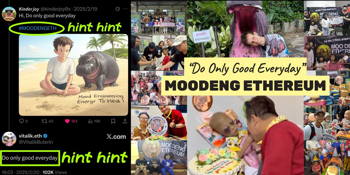 A Friendly Reminder:

Left Image: 
On Feb 20, 2025 <a href="/VitalikButerin/">vitalik.eth</a> replied a Moodeng ETH community member with the words “Do Only Good Everyday”

Right Image: 
Moodeng ETH has done countless charities helping children and animals, including one in 2026

🦛🔷🦛🔷HINT HINT🦛🔷🦛🔷