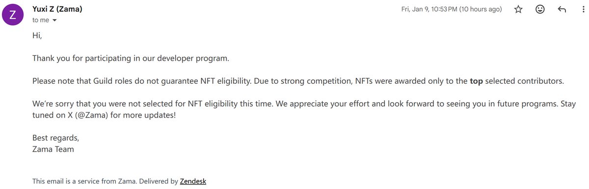 Hey <a href="/zama/">Zama</a>  , just got your email. It's hilarious. 😂

Apparently, holding the "Developer Program - Contributor" role and actually working means nothing compared to being an influencer.

Real builders get rejected, while random KOLs get NFTs just for farming engagement? Is this a