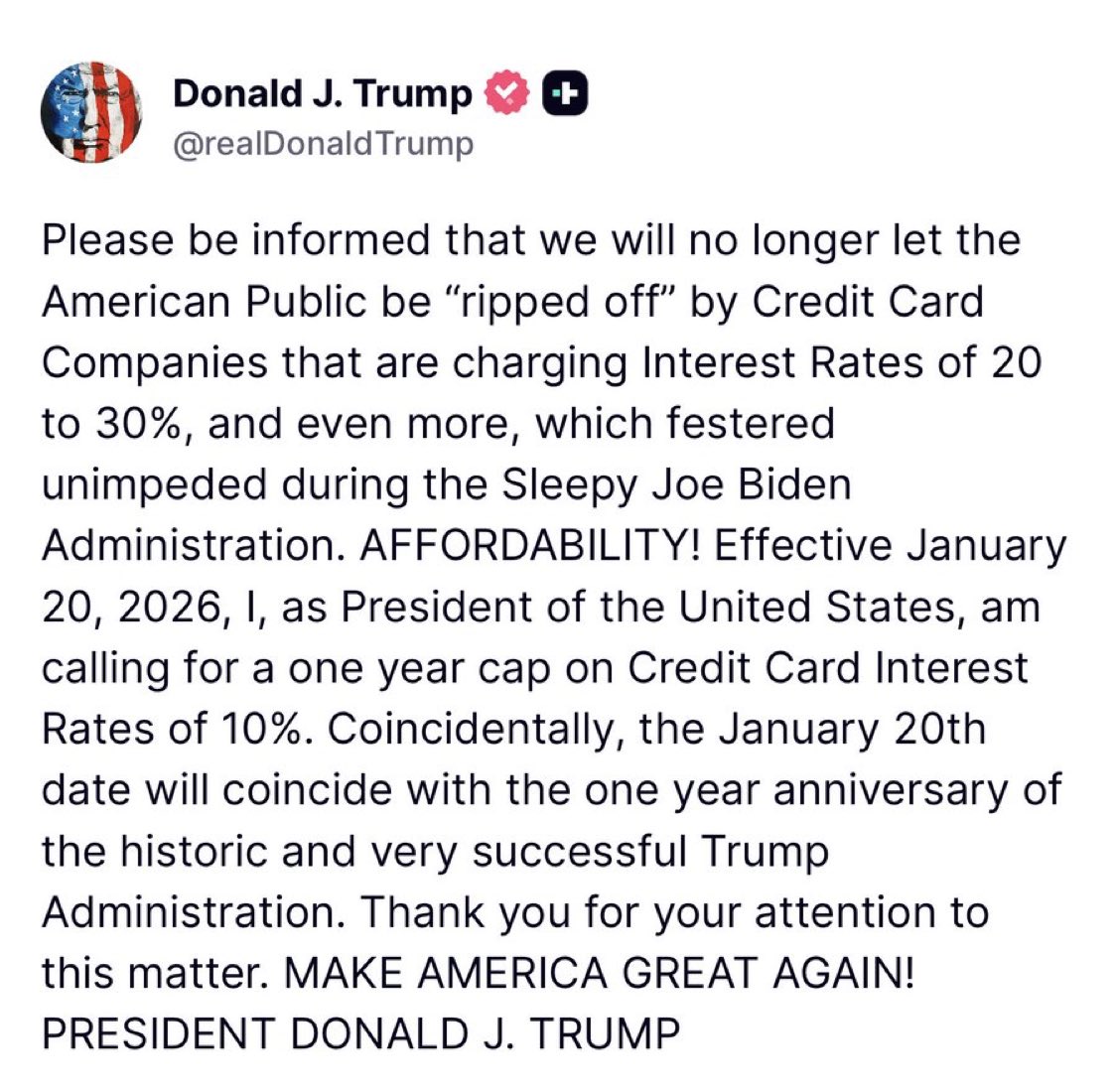 TPostMillennial's tweet photo. Breaking: Trump calls for a one-year cap on credit card interest at 10%. https://t.co/7pYv6f141g