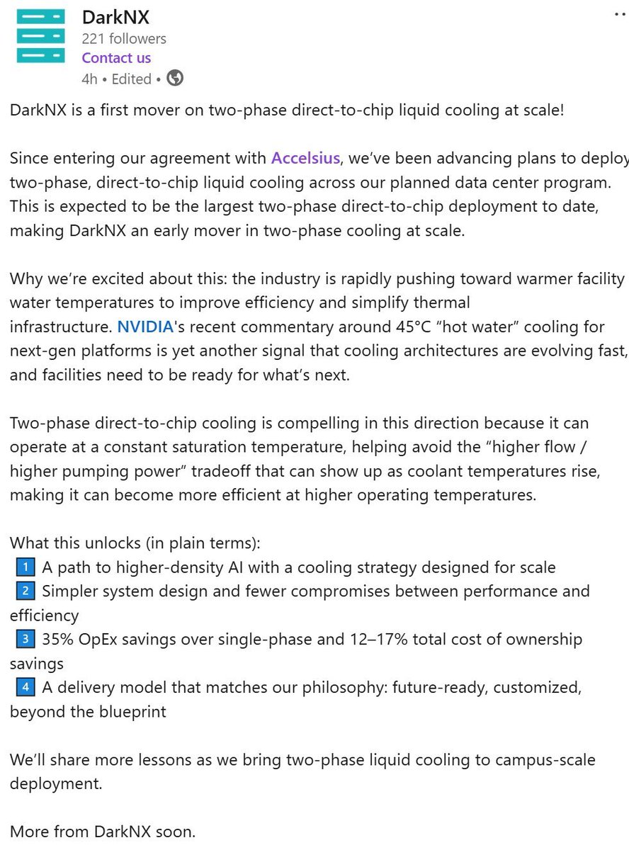 $INV …. I believe that the entire industry will move rapidly to two phase cooling as the predominant cooling architecture for AI data centers. The post below is self explanatory. ⁦<a href="/weareinnventure/">Innventure</a>⁩ ⁦<a href="/AccelsiusATX/">Accelsius</a>⁩