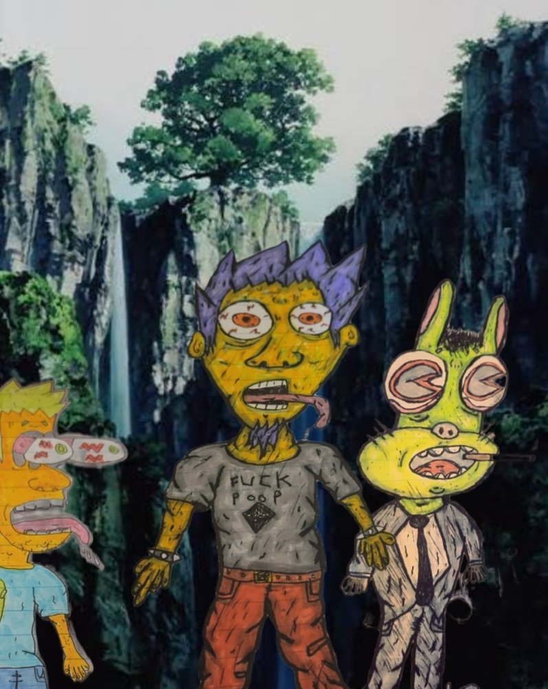 My hand-drawn cartoon characters I drew x colored on paper on an anime background from Ninja Scroll