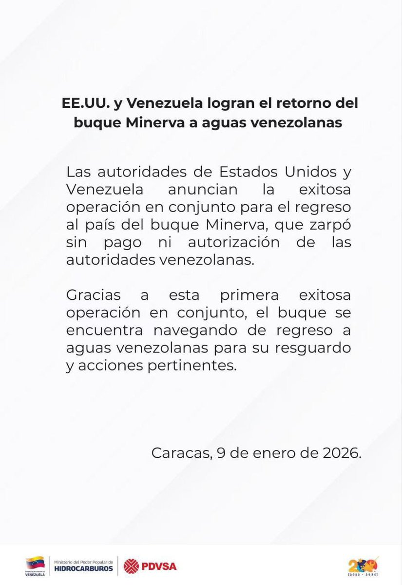 ElUniversal's tweet image. A través de un comunicado de Petróleo de Venezuela S.A (PDVSA, se anunció que los Gobiernos de Venezulea y Estados Unidos, lograron con éxito el regreso al país del buque Minerva.

“Las autoridades de Estados Unidos y Venezuela anuncian la exitosa operación en conjunto para el…