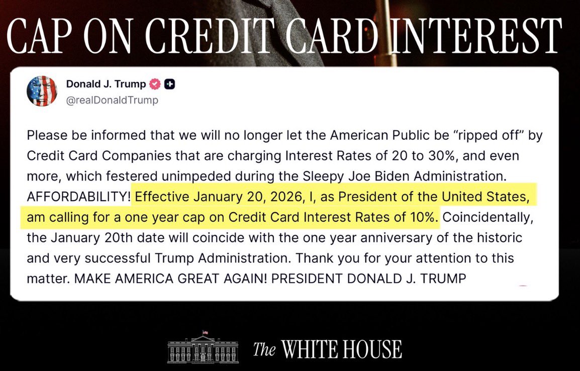 krassenstein's tweet image. BREAKING:  Trump announces a one year cap on Credit Card Interest Rates of 10%. 

FACT CHECK: Trump has no authority to do this. It would take an act of Congress.  

ALSO Millions WOULD lose access to credit. Credit cards price in risk. 

At 10%, banks would stop lending to:
-…