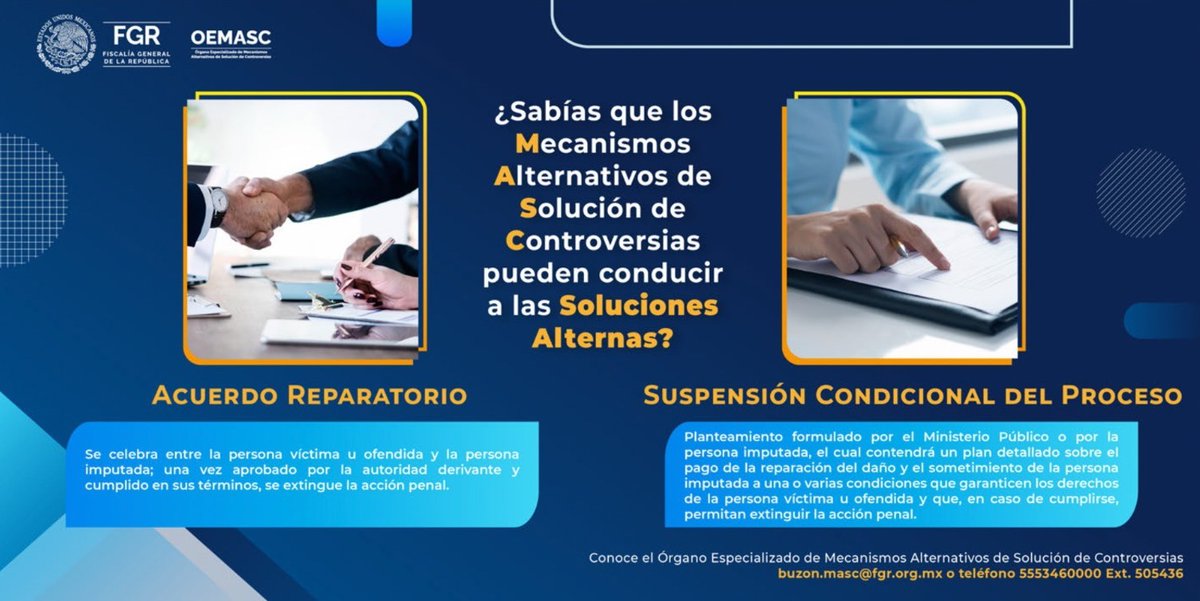 Las Soluciones Alternas se pueden concretar mediante la aplicación de un #MASC. #Infórmate y ejerce tu derecho fgr.org.mx/swb/FGR/OEMASC