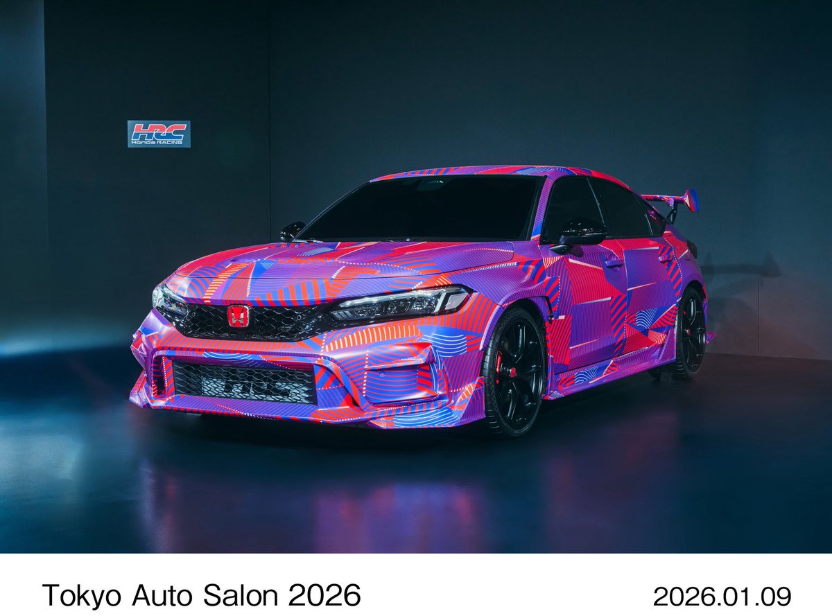 cole_marzen's tweet photo. The Honda Civic Type R HRC Concept breaks cover at the 2026 Tokyo Auto Salon with a camo wrap, redesigned front and rear bumpers, extended side skirts, wider fender flares with integrated vents, as well as a prominent rear wing. #Honda #CivicTypeR #Civic #hothatches #hatchbacks https://t.co/bn7v2WHORS