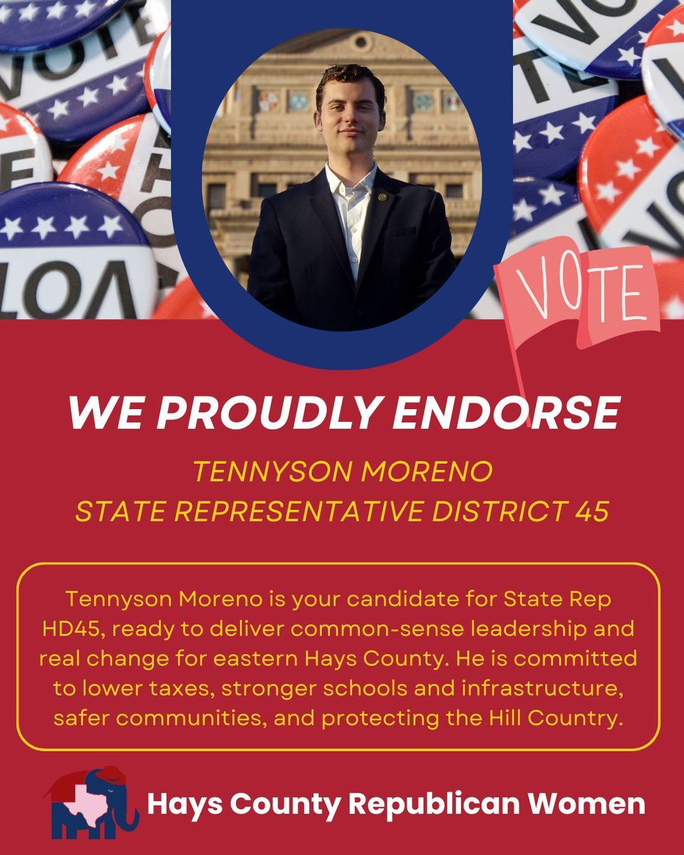 HaysWomen's tweet photo. CANDIDATE ENDORSEMENT

Hays County Republican Women proudly endorse Tennyson Moreno for State Representative, District 45.  

Get to know the candidate at the links provided below! 
Facebook: https://t.co/qOPdISgHJ2
Instagram: https://t.co/QSeGJ9UtlY
X: @tennysonmoreno

#HCRW https://t.co/TbGKZNCNIP