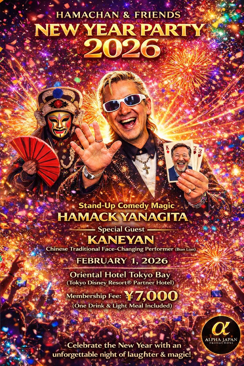 ARAI_HIDEO's tweet image. Save this for later 👀✨
A night of laughter and magic to start 2026.

Stand-Up Comedy Magic by HAMACK YANAGITA
Special Guest: Kaneyan (Bian Lian)

📅 February 1, 2026
📍 Oriental Hotel Tokyo Bay

#NewYearParty2026
#StandUpComedy
#MagicShow
#TokyoEvents