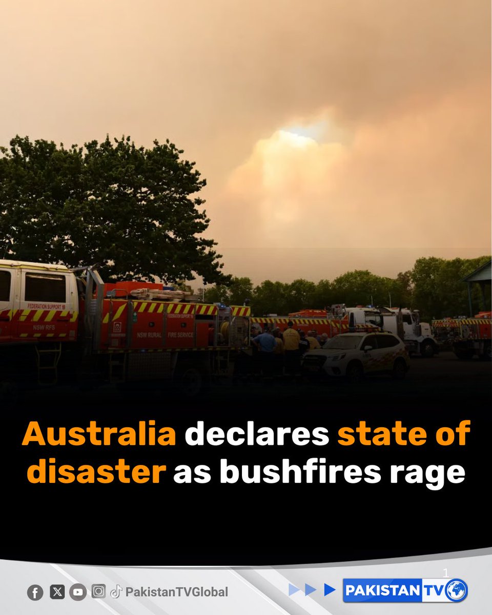 PakTVGlobal's tweet photo. Australian authorities declared a state of disaster after bushfires destroyed houses and razed vast belts of forest in the country's southeast.
#AustraliaBushfires #StateOfDisaster #WildfireCrisis #ClimateEmergency #SoutheastAustralia #ForestFires #EmergencyResponse #GlobalNews #PakistanTV #PakistanTvglobal
