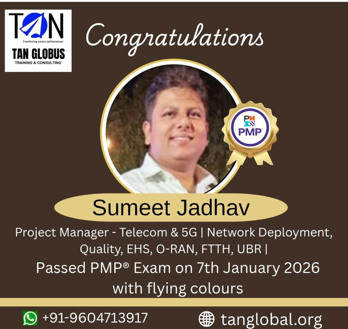 tanveermsayed's tweet photo. 🎉 PMP SUCCESS | TAN GLOBUS

Congratulations Sumeet Jadhav  PMP®  high performance! 👏
This success proves one thing:
👉 Right guidance + focused prep = PMP PASS
🚀 New PMP batch starts Sat, 17-Jan
If PMP is your goal for 2026, your moment.
Train. Plan. Pass. PMP®
+91 96042 19878 https://t.co/xa0csYjt7H