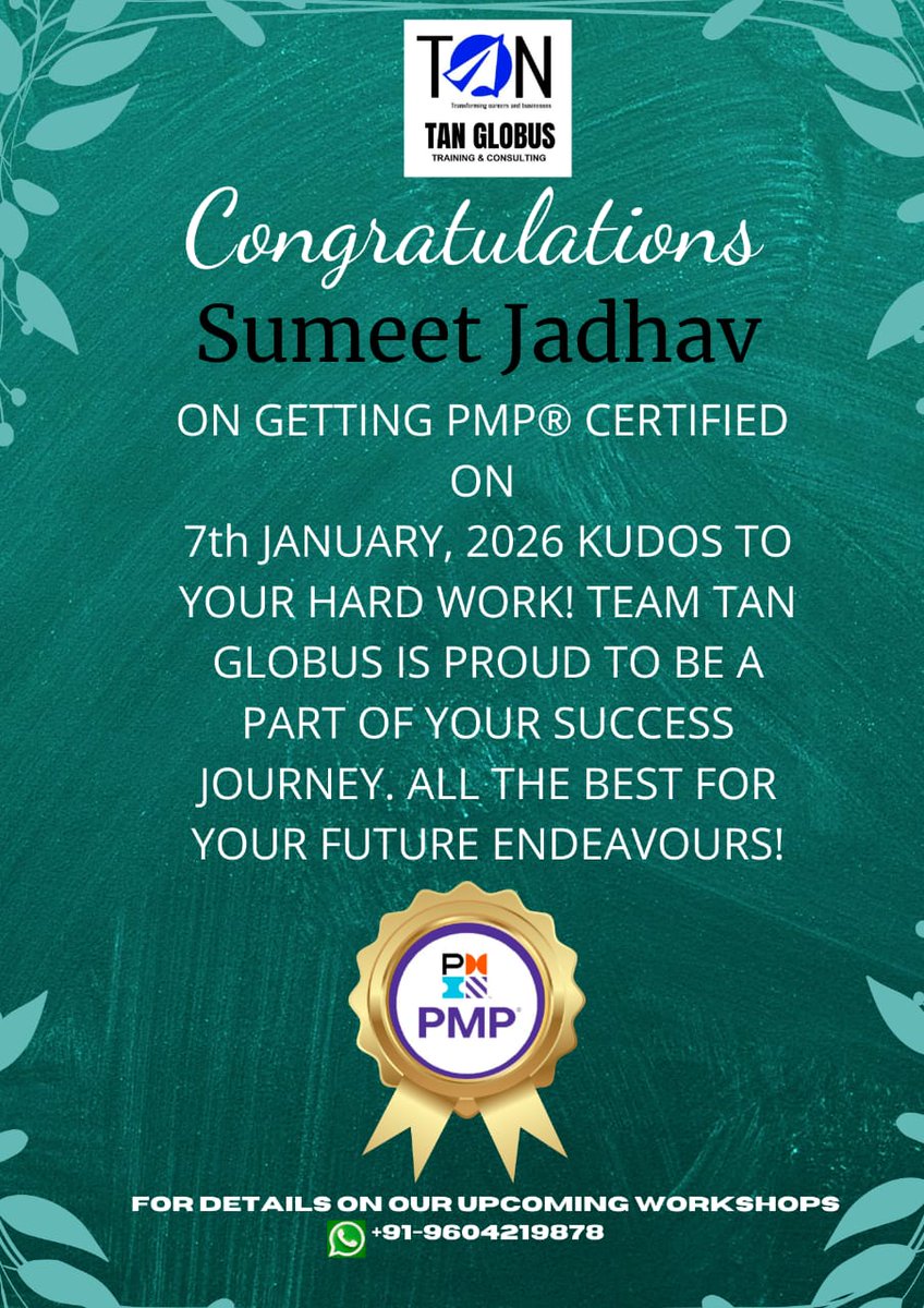 tanveermsayed's tweet photo. 🎉 PMP SUCCESS | TAN GLOBUS

Congratulations Sumeet Jadhav  PMP®  high performance! 👏
This success proves one thing:
👉 Right guidance + focused prep = PMP PASS
🚀 New PMP batch starts Sat, 17-Jan
If PMP is your goal for 2026, your moment.
Train. Plan. Pass. PMP®
+91 96042 19878 https://t.co/xa0csYjt7H