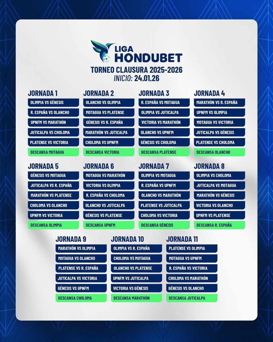 ⚪ #VersusHN|| 🚨 Este es el Calendario del  Torneo Clausura 2026 ⤵️

↪️ Luego de que Olimpia levantara la 40 el pasado 7 de enero, el nuevo campeonato comienza el 24 de enero del 2026.

↪️ Los horarios y fechas aún están por confirmar.

#LigaHondubet #Calendario #Deportes