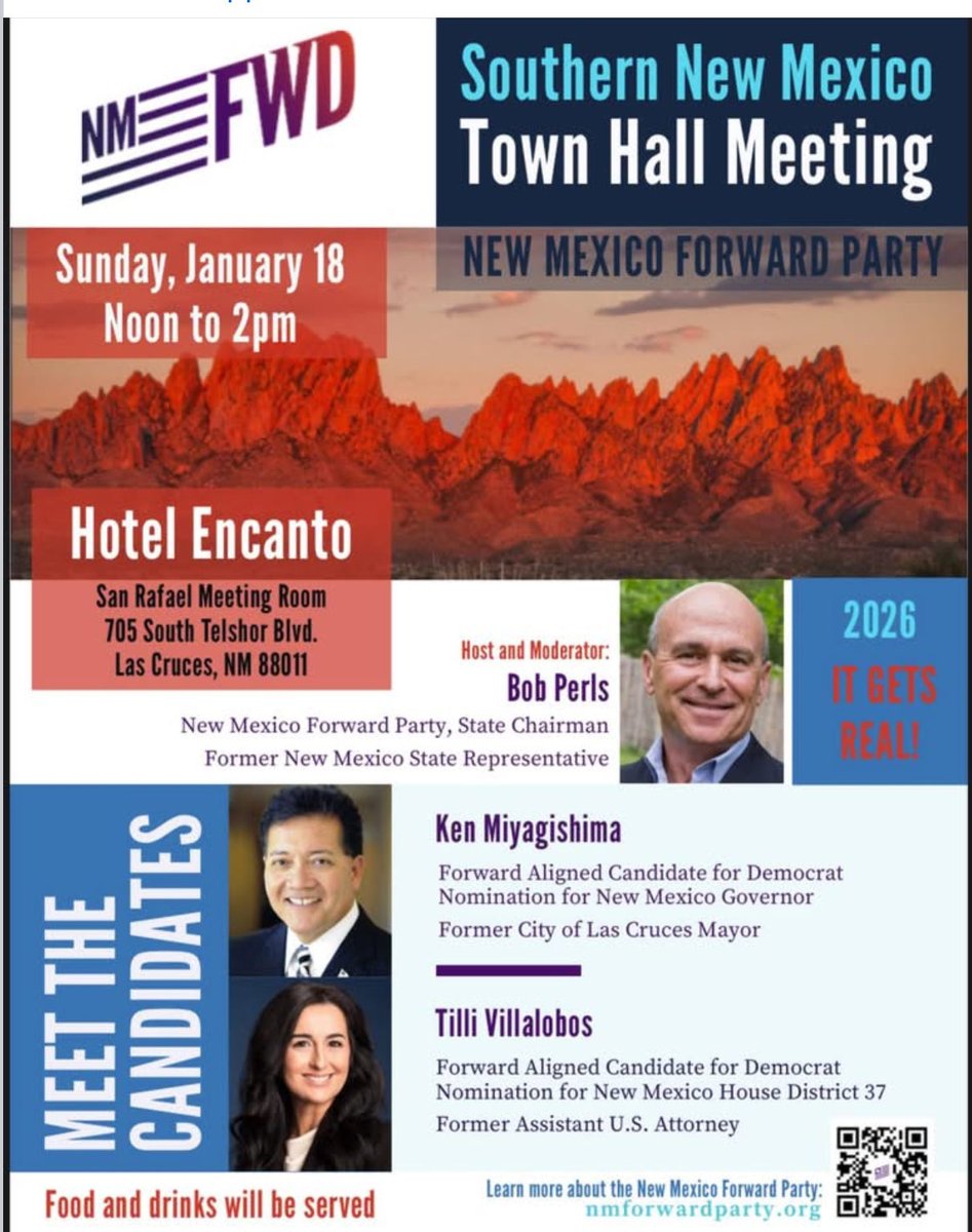 I am honored to accept the endorsement from the New Mexico Forward Party to be the next Governor of New Mexico!

Please attend the town hall on January 18th and learn about my vision for the future of New Mexico. Details are provided below!

#letsmakeithappen #anewnewmexicoco
