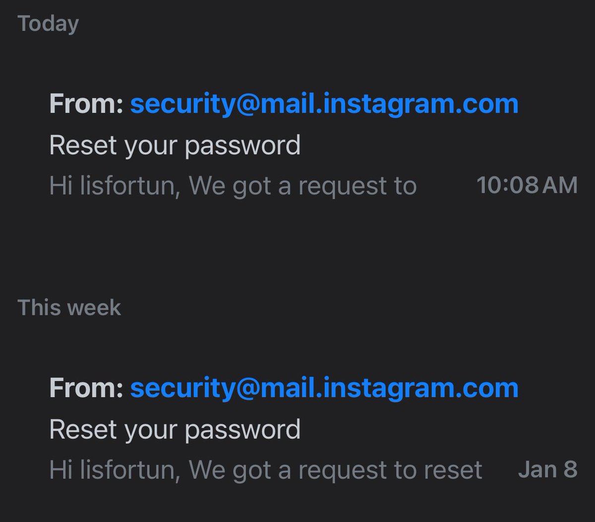 lisfortun's tweet photo. Is there a universal IG data breach going on? Got this for the second time this week https://t.co/nOGl2OU6Jg