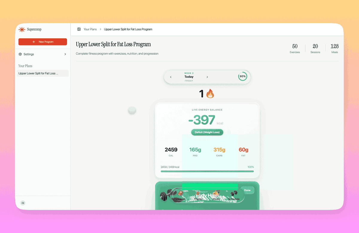 I just built the ultimate body transformation fitness planner. supercomp.app is all you need. 

Whats included? 1-24 week plan, choice is yours
1. Track workouts, cardio &amp; meals
2. Snap food pics to auto-analyze macros