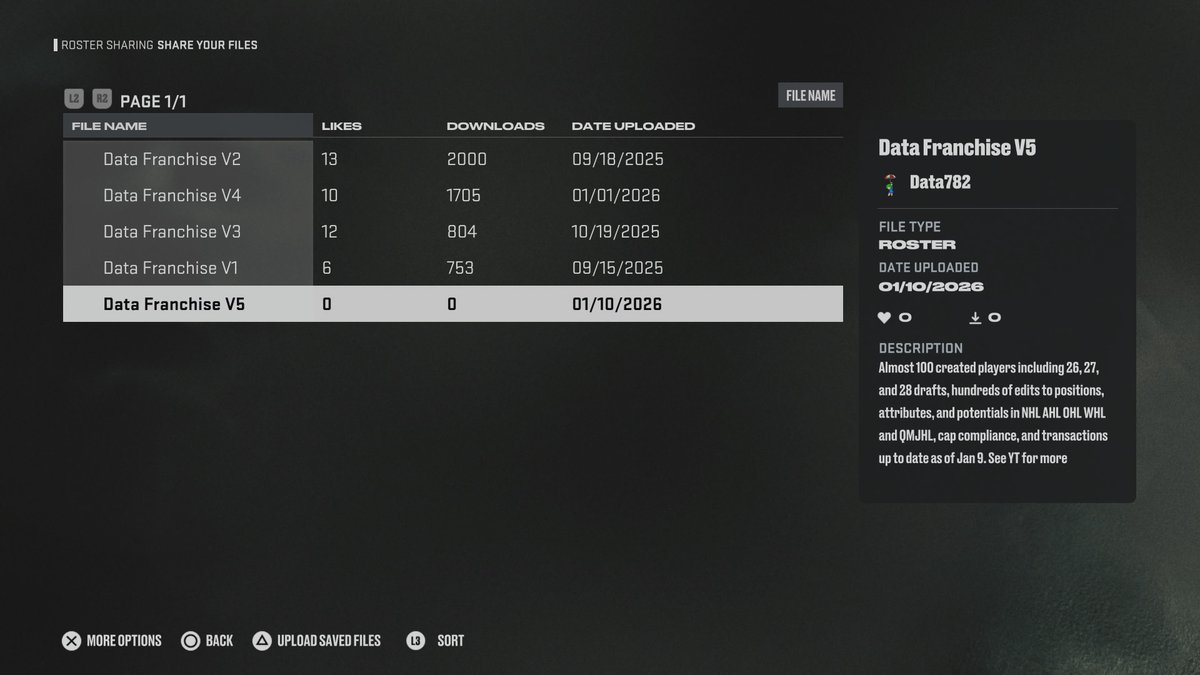 Data782's tweet image. Data Franchise V5 now available on PS5! #NHL26

Changes:
- Added Will Zellers
- Continued potential/attribute adjustments
- Transactions up-to-date as of Jan 9 (CHL Trade Deadline, Wennberg &amp;amp; Dvorak extensions, etc.)

Enjoy &amp;amp; let me know if you have any suggestions for V6!