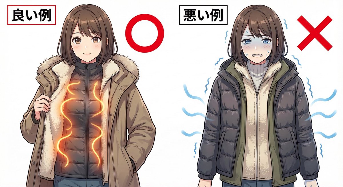 冬の街中で、ダウンジャケットの下に厚く重ね着をしている方をよく見かけます。しかし、この着方はダウンの本来の特性を十分に活かせていない可能性があります。

特に薄手のダウンは肌着に近い位置に着た方が暖かいです。ダウンは体温で温められて膨らむことで保温効果をフルに発揮してくれます。