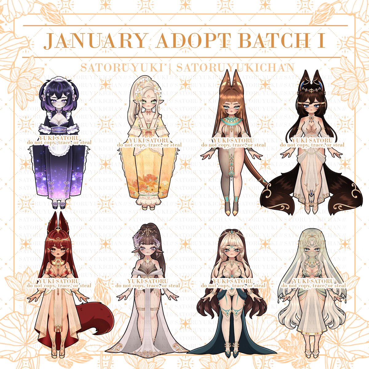 RTs appreciated (ㅅ´ ˘ `)

₊˚⊹⋆ JANUARY ADOPT BATCH I ₊⊹

⤷ ゛Link  to purchase ˎˊ˗ vgen.co/satoruyuki/pro… 

#adopt #adoptables #openadoptables #characterdesign #vtuber