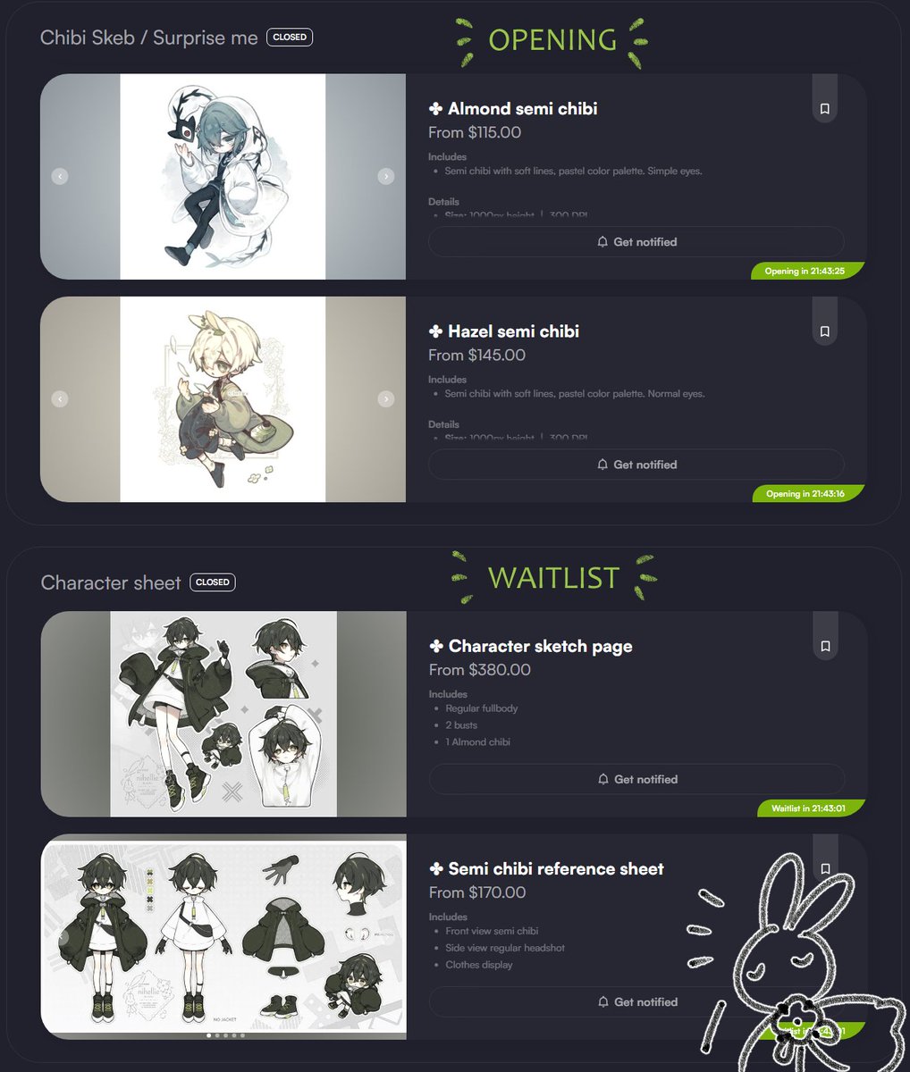 HI! I'll be opening some services over my VGen tomorrow January 10th at 6pm UTC-5. These will be open for few hours. 🔗on bio!

These will be:
✤ Almond semi chibi
✤ Hazel semi chibi

Waitlist will be available for:
✤ Character sketch page
✤ Semi chibi reference sheet